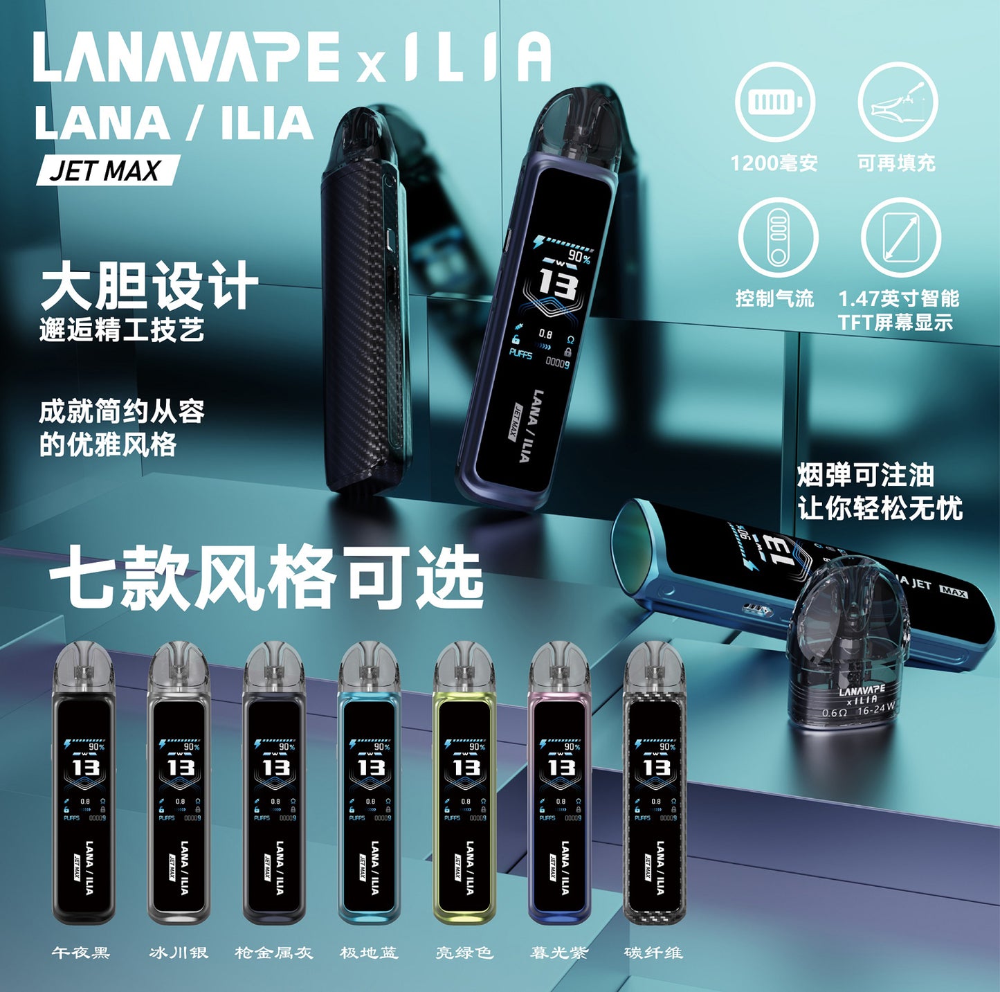 LANA ILIA Jet Max 聯名主機|可調功率大煙電子煙套裝|熒幕顯示注油設備